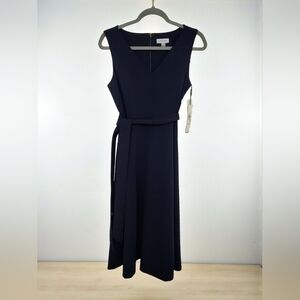 NWT Navy Calvin Klein Women's V-Neck Midi Dress with Tie, 8